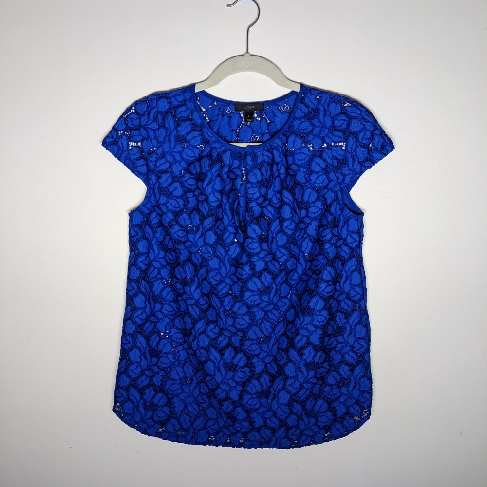 J. Crew Royal blue floral lace top with cap sleeves